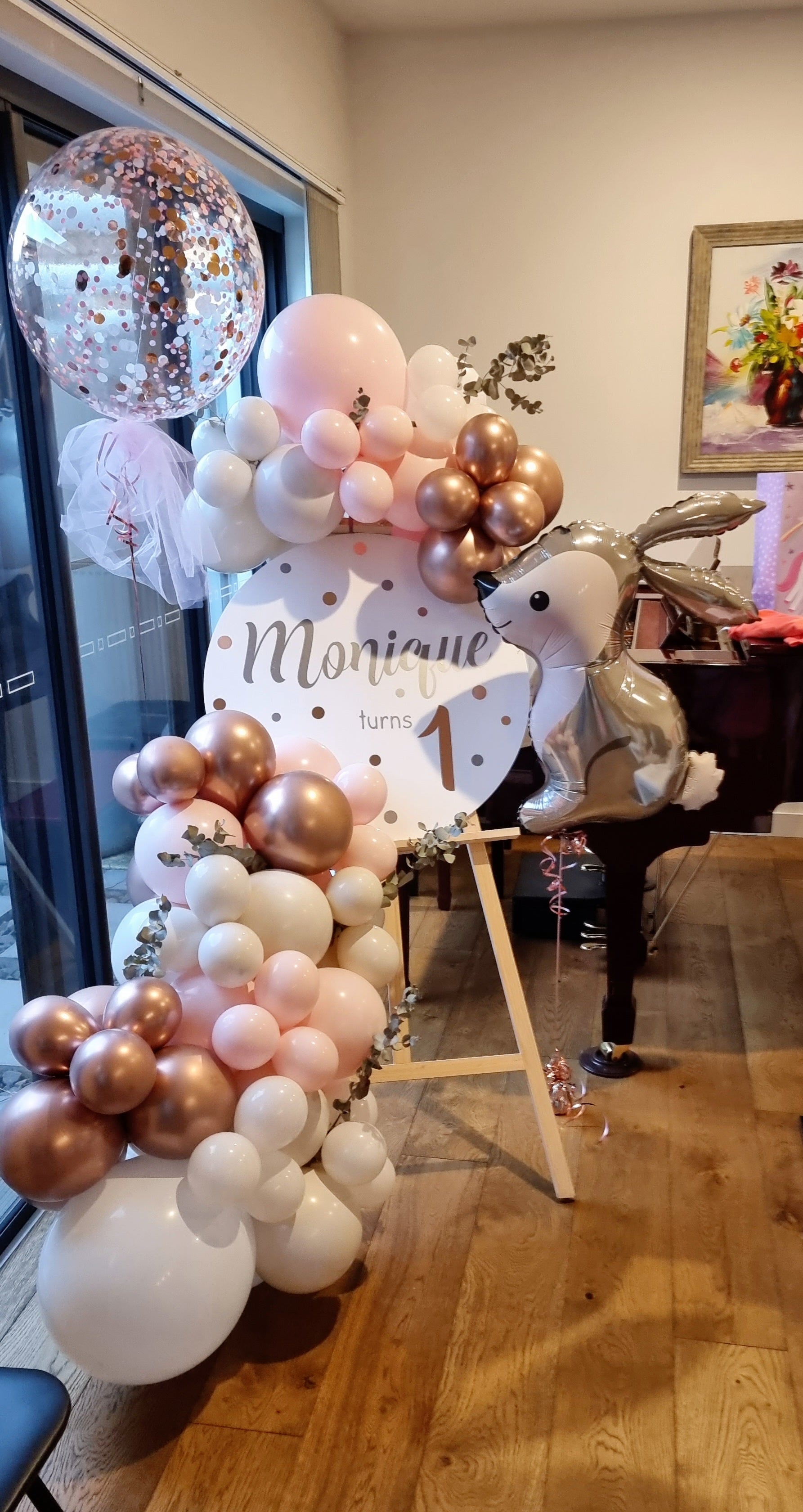 Balloon Easel Display Melbourne Monique Turns 1 Pink White Gold Bunny