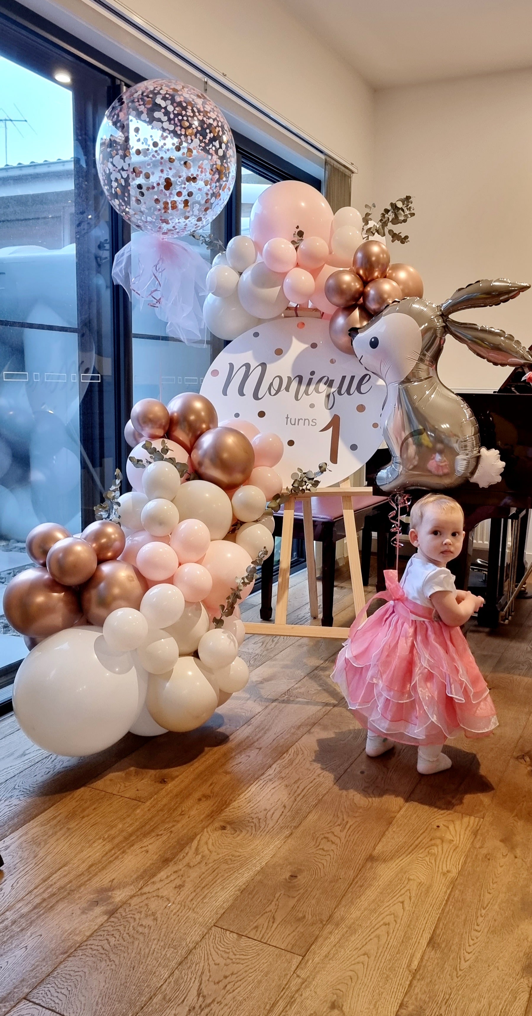 Balloon Easel Display Melbourne Monique Turns 1 Pink White Gold Bunny