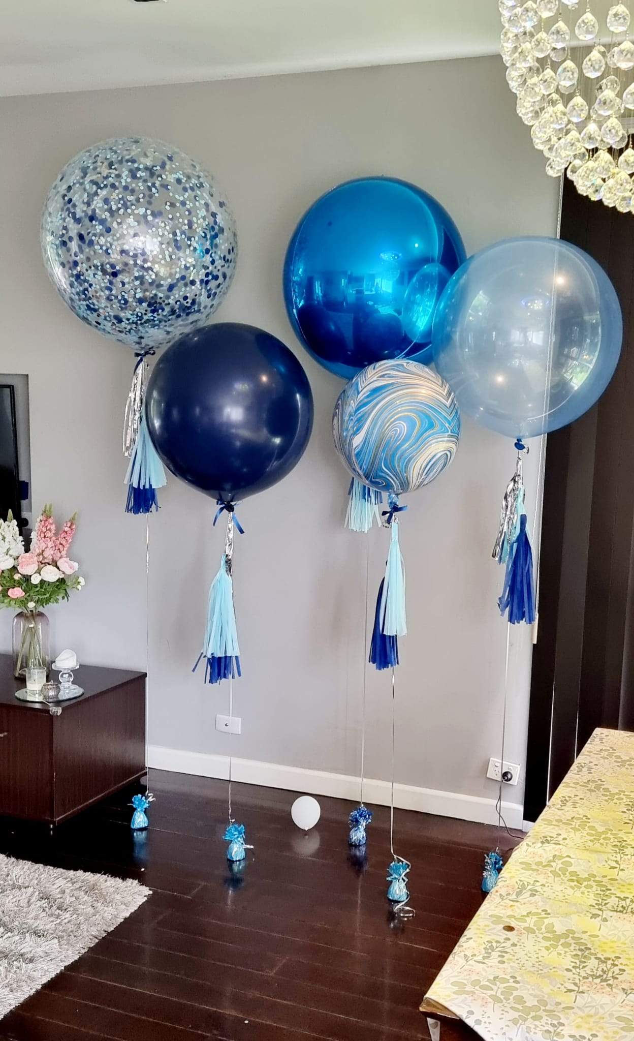 Premium Party Event Balloon Decorations Delivered Melbourne Blue Toned Orbs Confetti