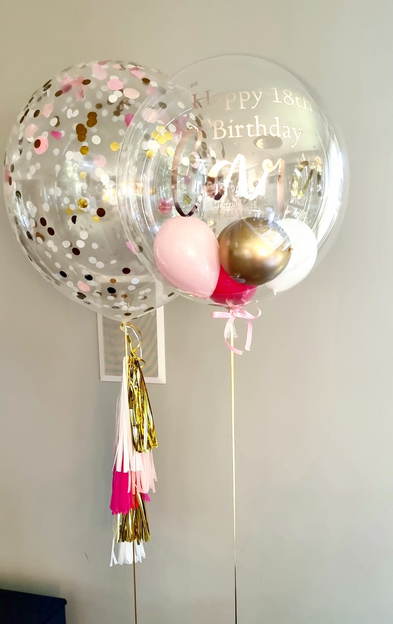 Personalised Rose Pink And White Confetti Balloon Bouquet Melbourne